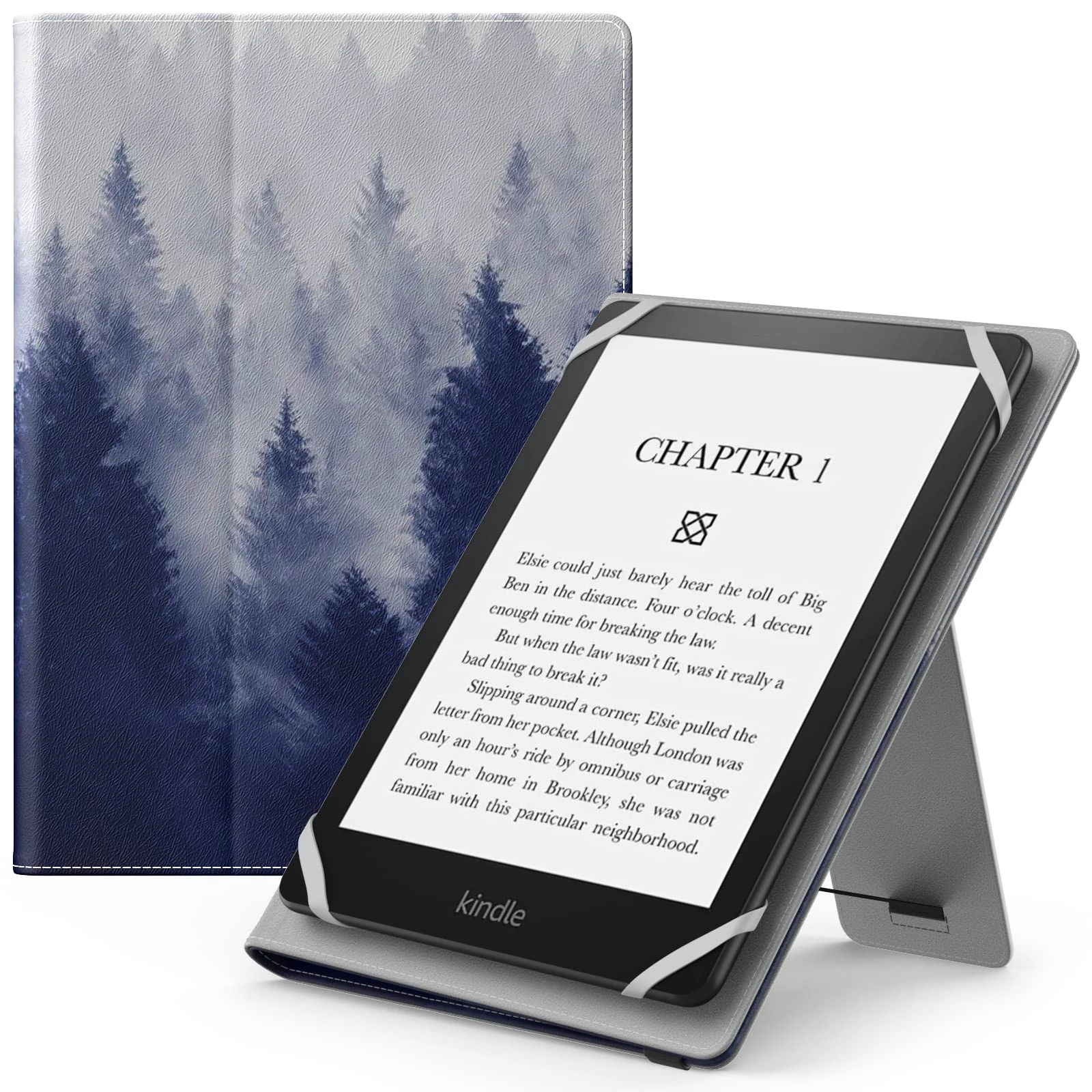 MoKo Universal Case for 6",7" Kindle eReaders - Kobo/Voyager/Lenovo/Sony, Lightweight PU Leather Folio Shell Cover Case, with Hand Strap/Kickstand, Gray Forest