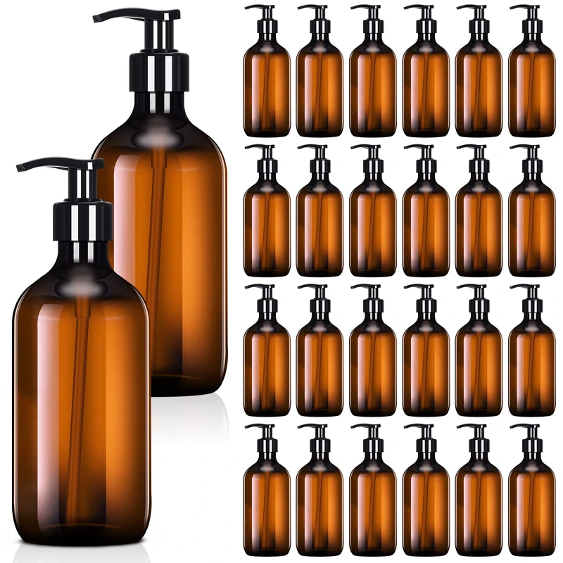 Tessco 24 Pcs Hand Soap Dispenser 16.9oz Empty Plastic Pump Bottle Dispenser Lotion Dispenser Refillable Shampoo and Conditioner Bottles with Pump Shampoo Container for Bathroom Kitchen Travel (Amber)