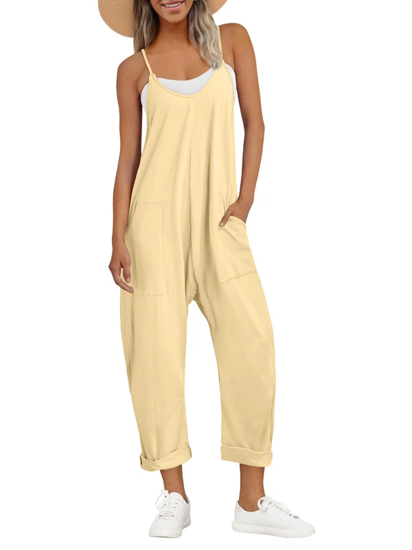 AUTOMET Jumpsuits for Women Casual Summer Rompers Sleeveless Loose Spaghetti Strap Baggy Overalls Jumpers with Pockets 2023, Beigeyellow, Medium - Image 1