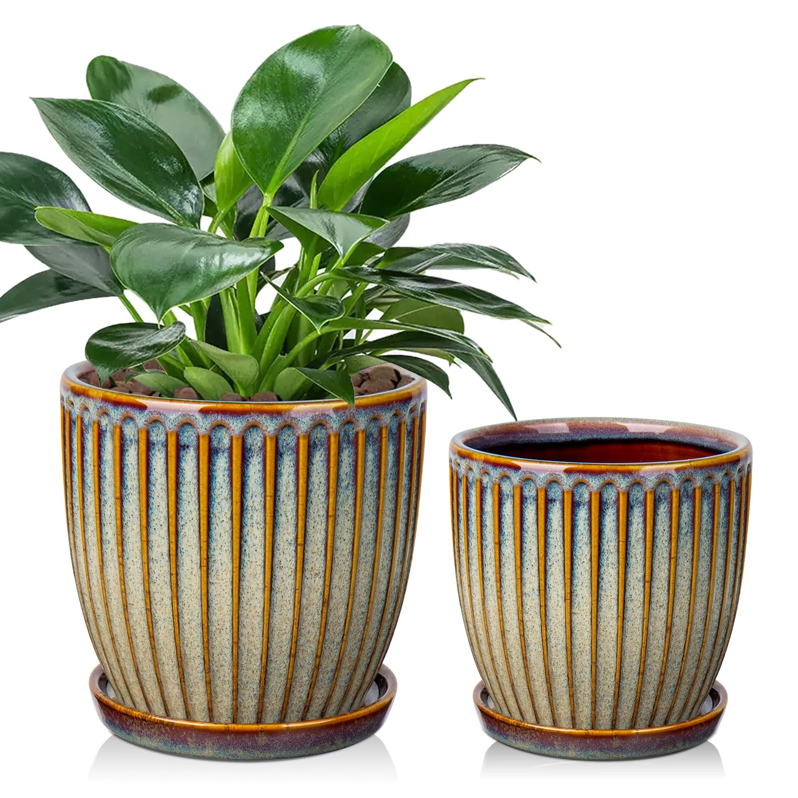 Oairse Set of 2 Ceramic Plant Pots 13CM 15CM Brown Ceramic Planter with Drainage Holes and Saucers Decorative Stripe Plant Pots Indoor Modern Flower Pots for Succulent Cactus Orchid House Plants
