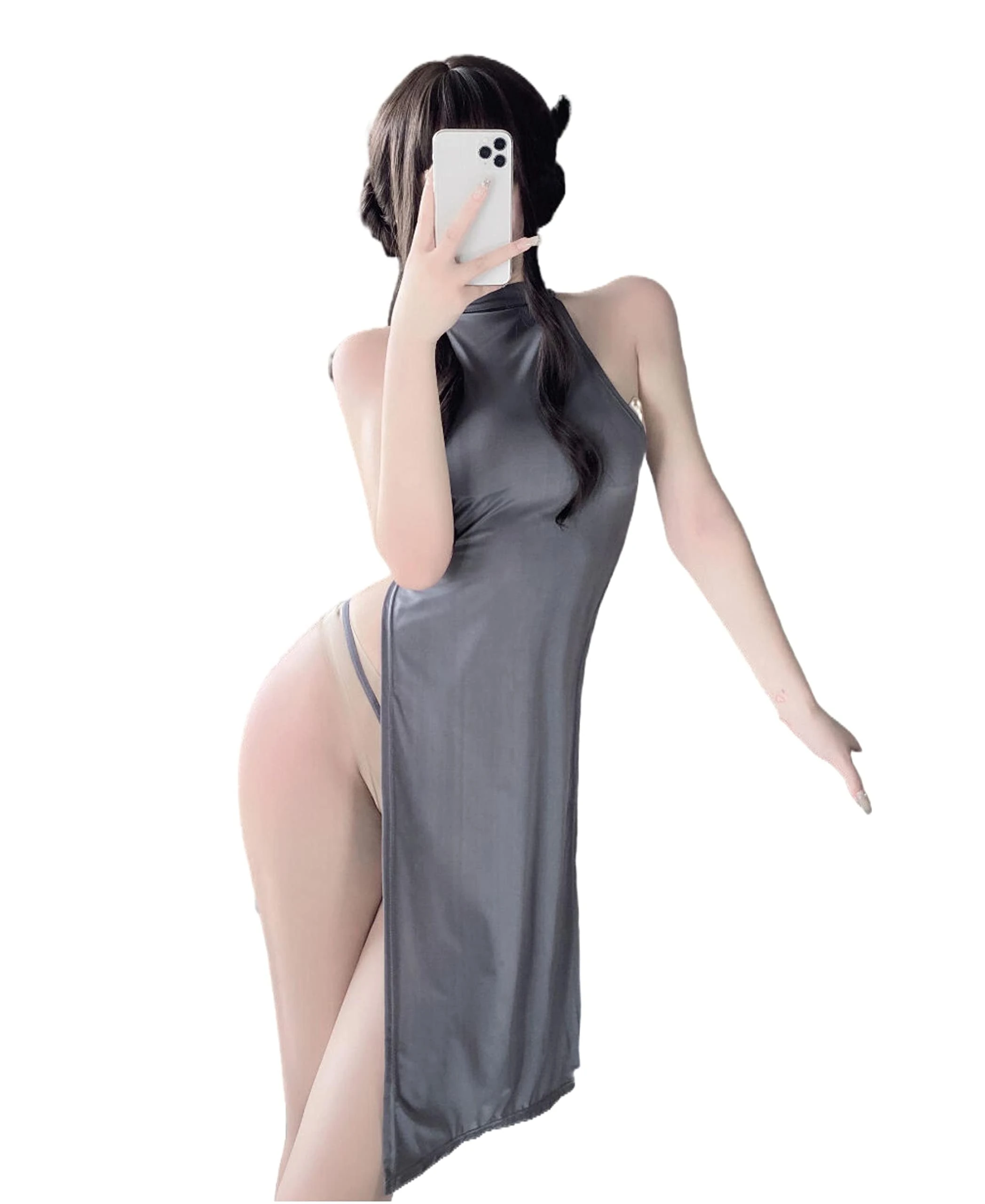 SINGUYUN Chinese Cheongsam Lingerie Retro Print Dress Sexy Anime Cosplay Costume for Women Qipao Babydoll Outfit (1020 Gray)