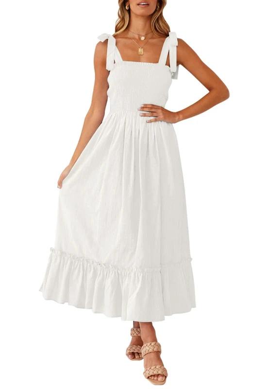 ZESICA Women's 2025 Summer Boho Spaghetti Strap Square Neck Solid Color Ruffle A Line Beach Long Maxi Dress, White, L