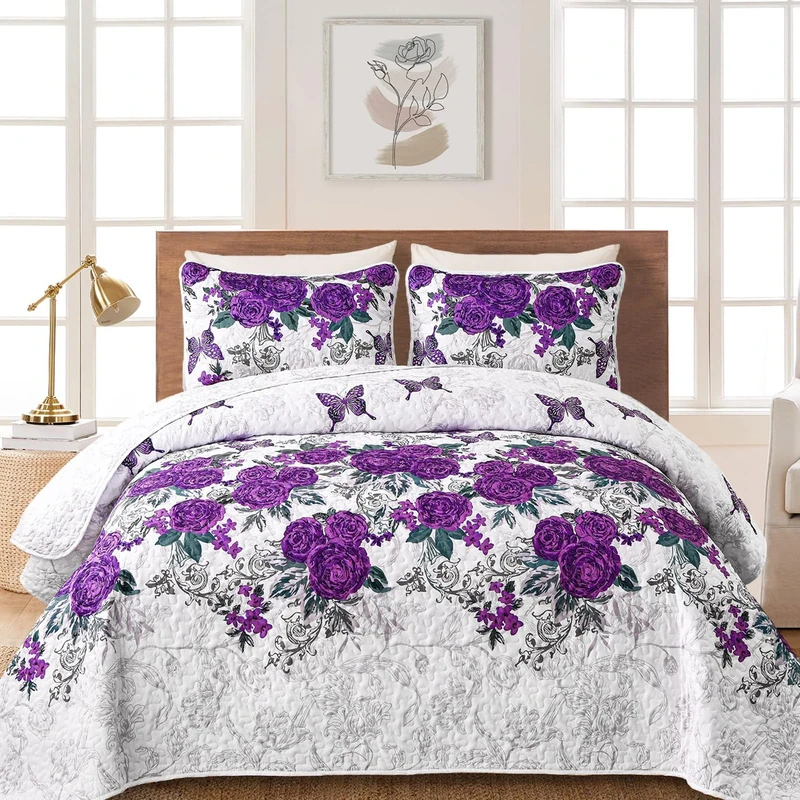 Yiran Purple Floral Quilt Set King Size Rose Spring Bedspreads Bedding Set 3 Pieces Lightweight Microfiber Botanical Coverlet with 2 Pillow Shams for All Season 104x90 Inch