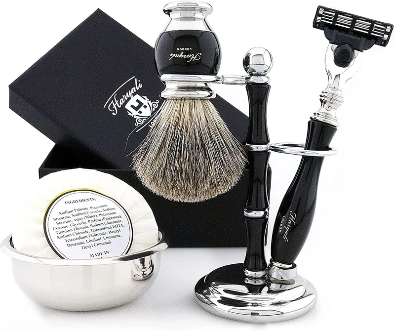 Haryali London Mens Shaving Set – 5 Pc Shaving Kit – 3 Edge Shaving Blade Shaving Razor - Best Badger Shaving Brush – Shaving Soap – Shaving Bowl – Shaving Stand – Black Color Shaving Set as Gift