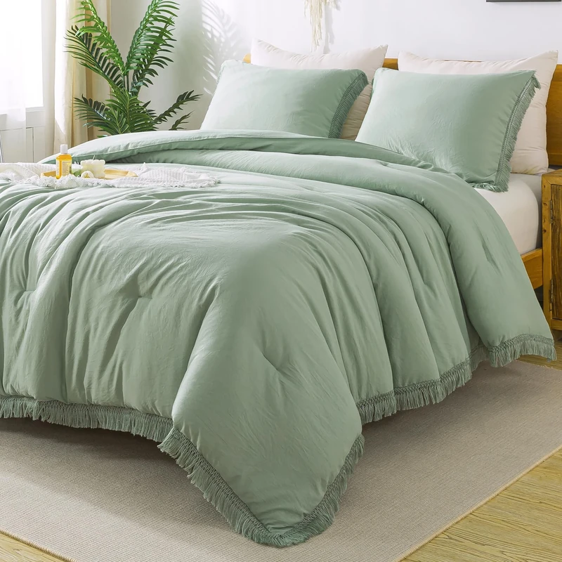 Andency Sage Green Tassel Comforter Set California King, 3 Pieces Boho Lightweight Farmhouse Shabby Chic Bedding Comforter Sets, All Season Soft Fringe Bed Set (104x96In Comforter & 2 Pillowcases)