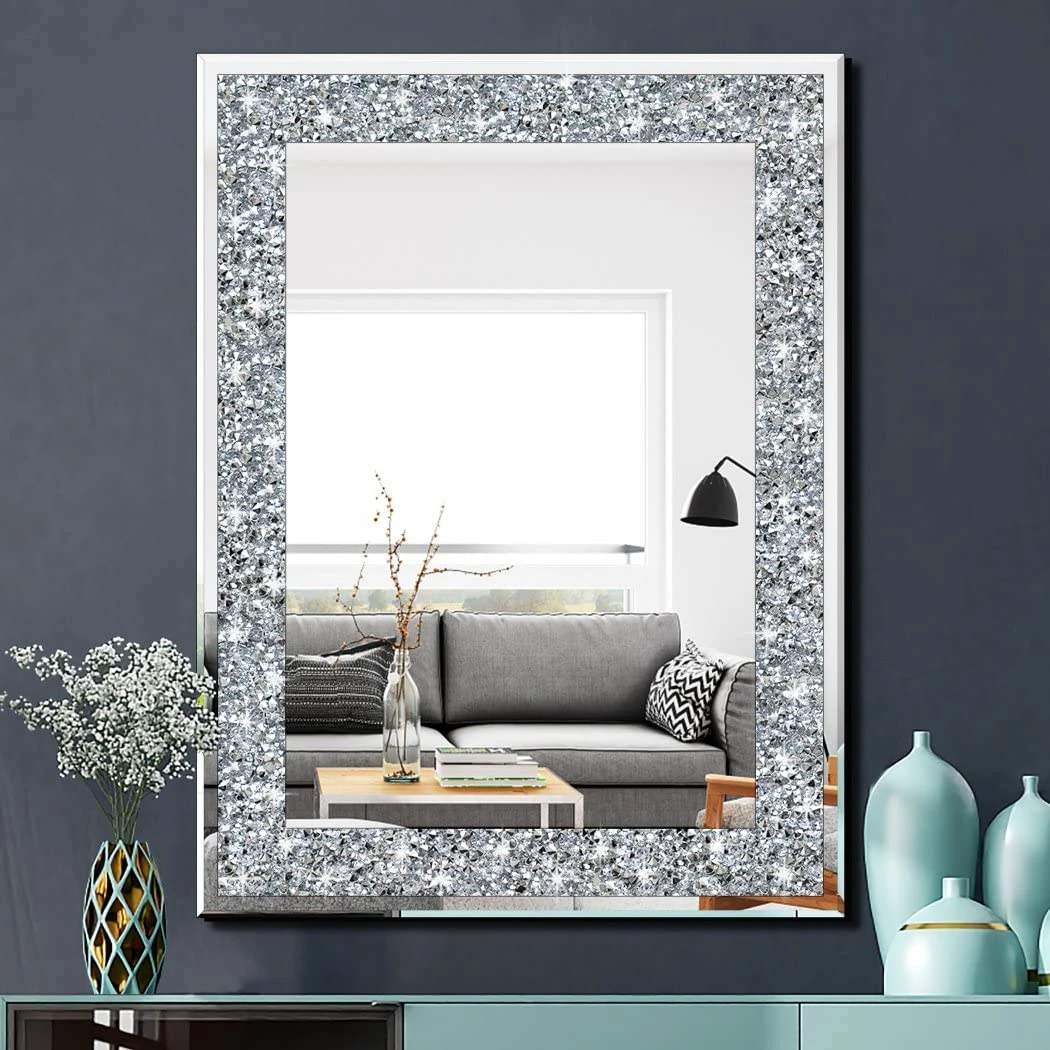 qmdecor Crystal Crush Diamond Rectangle Silver Mirror for Wall Decoration 24x32inch Wall Hang Frameless Mirror Acrylic Diamond Decor.