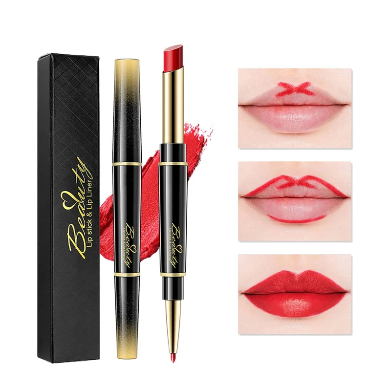 GEEWHILE 2-in-1 Double-Head Matte Lipstick & Liner - Waterproof Red