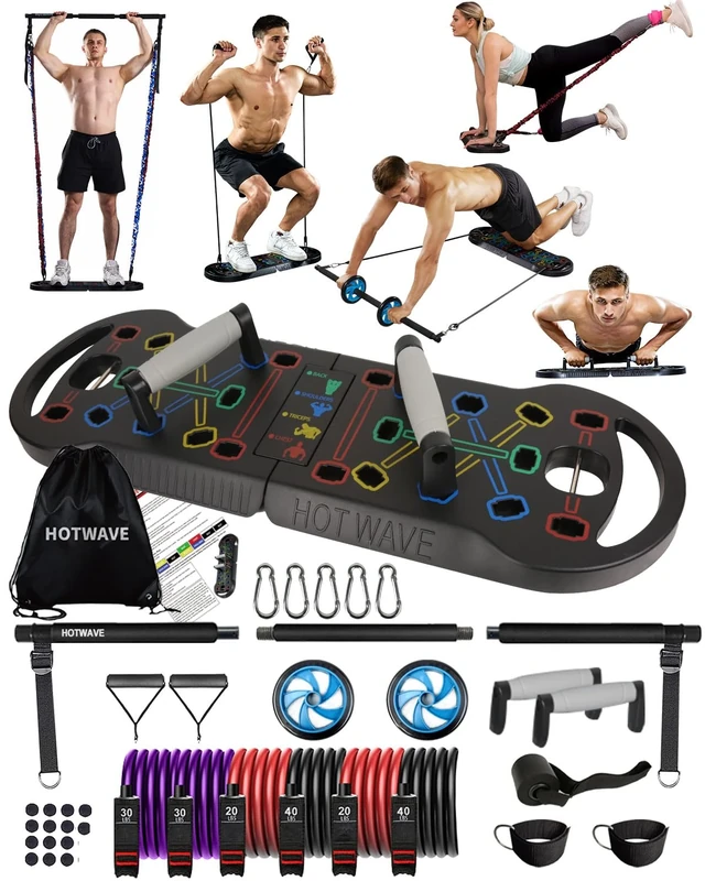 HOTWAVE Portable Exercise Equipment with 16 Gym Accessories.20 in 1 Push Up Board Fitness,Resistance Bands with Ab Roller Wheel,Full Body Workout at Home,Patent Pending