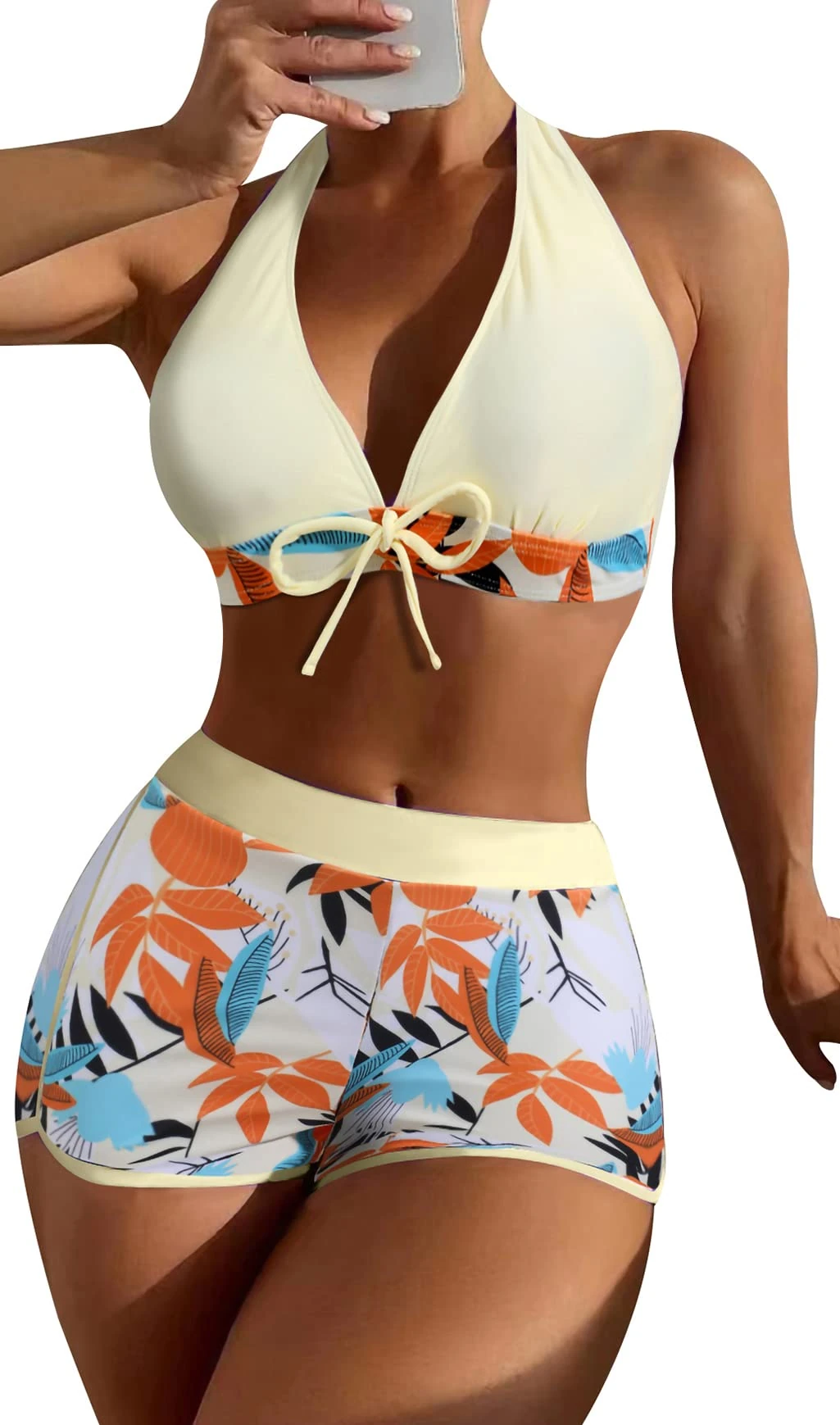 FEOYA Women’s Two Piece Swimsuit Halter Neck Top with Boy Shorts Swimwear Push Up Two Piece Tummy Control Swim Shorts Bikini Top Bathing Suits A12 XL