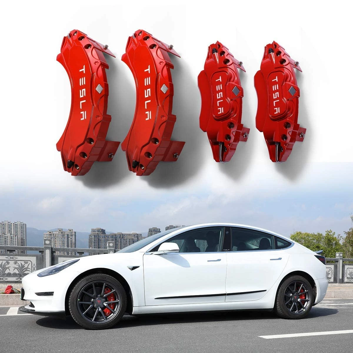 HEYCE 4 Pcs Car Brake Caliper Cover for Tesla Model 3 2016-2022 Custom Aluminum Alloy Brake Caliper Cover, Car Wheel Brake Durable Brake Calliper Covers,Red-20inches