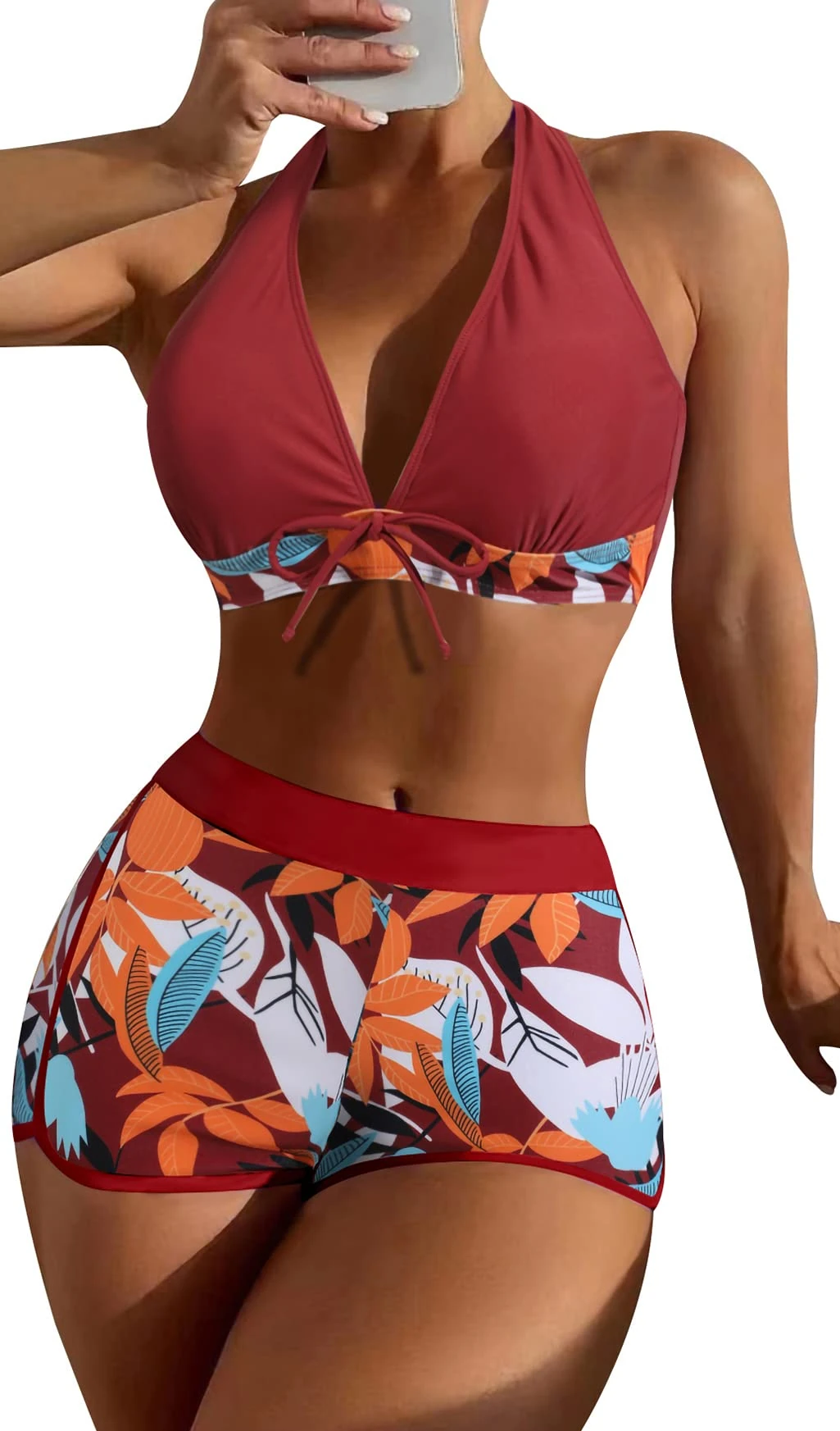 FEOYA Bikini Sets for Women Halter Swimsuit Two Pieces with Boy Shorts Bathing High Waist Swimwear Beachwear A11 XL