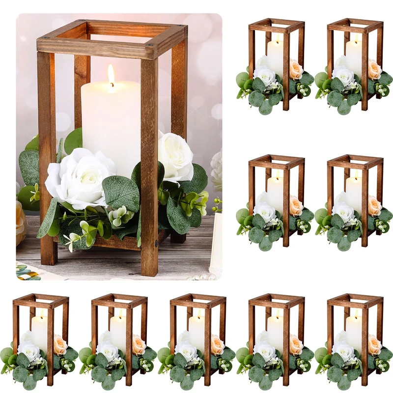 Geelin 10 Pcs Wooden Wedding Lantern Centerpiece Candle Lantern Table Wooden Candle Holder Decorative for Wedding Party Table Valentine Decor(10.59 in,Brown)