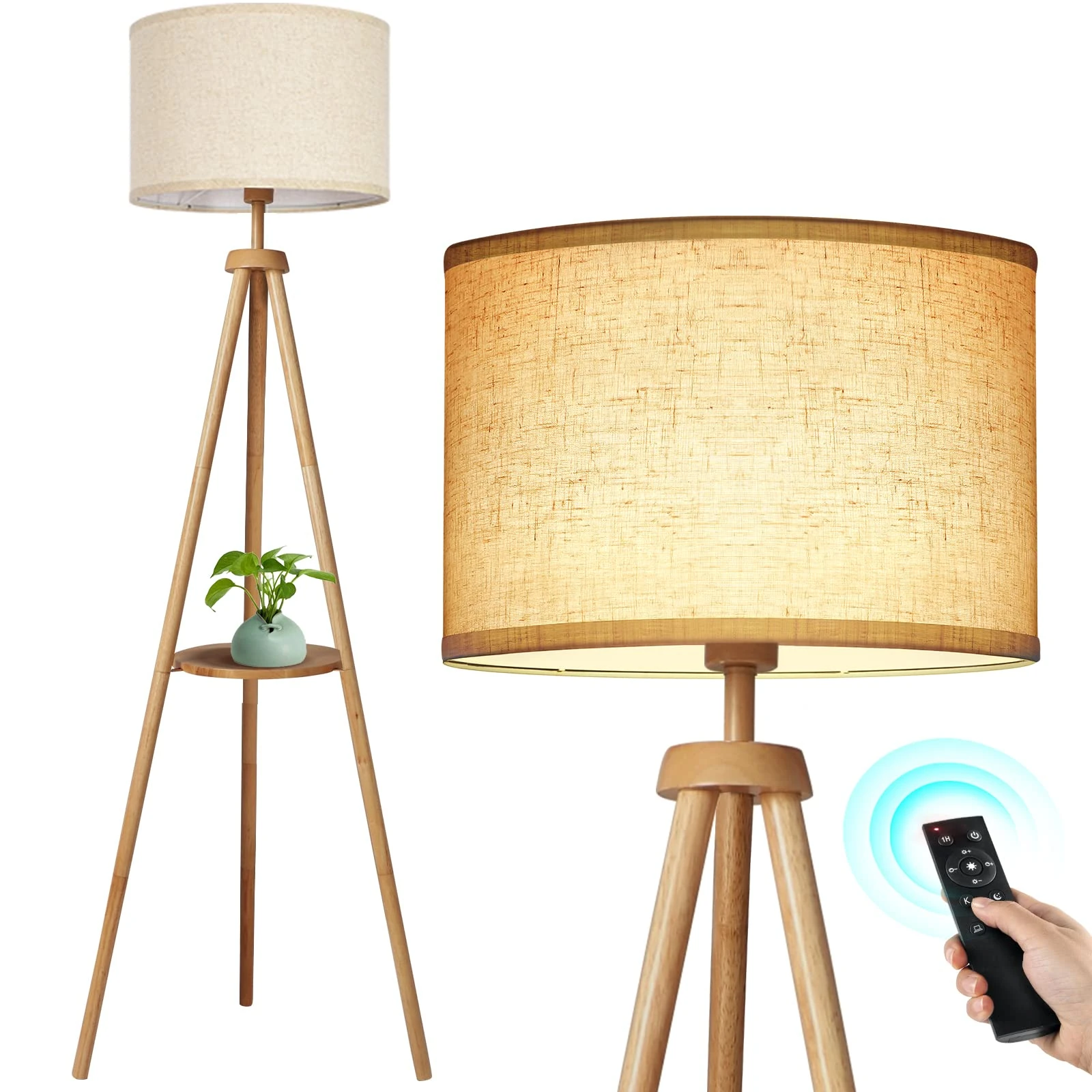 OUTON Solid Wooden Tripod Floor Lamp, Bulb Included, Standing Lamp with Remote Control, Dimmable & 4 Color Temperatures, 1H Timer, Floor Lamp with Storage Shelf Linen Shade for Living Room Bedroom