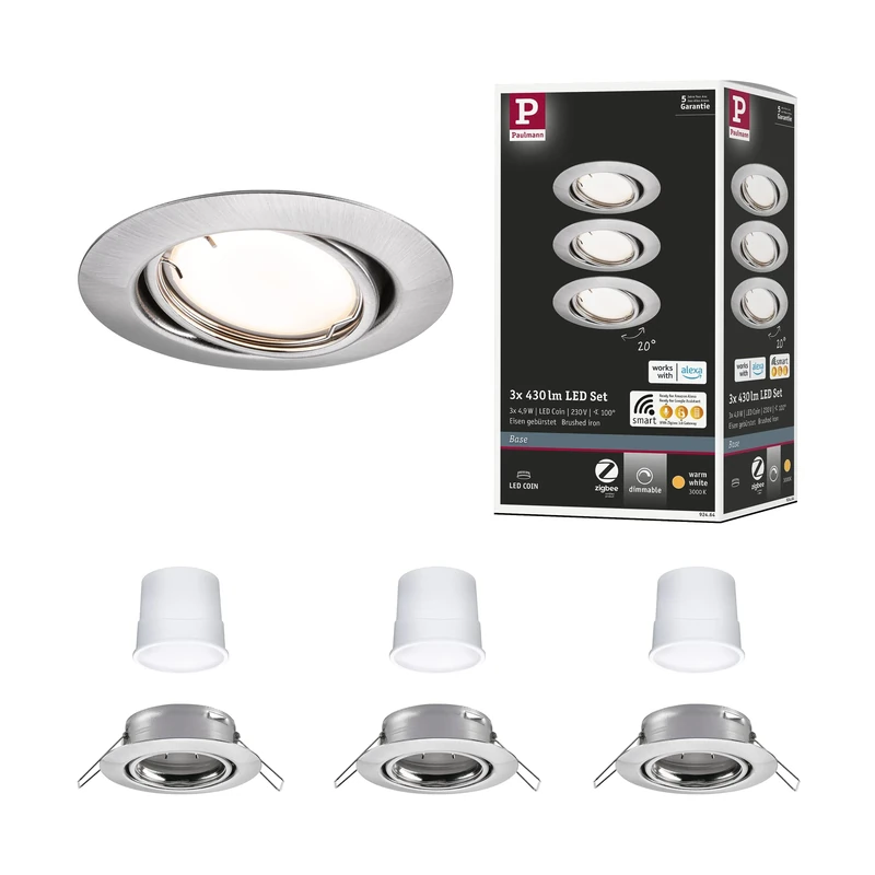 Paulmann 92464 LED Recessed Spotlight Base Smart Home Zigbee Base Kit Adjustable Round 230V 3x4.9W 3x430lm Dimmable 90mm Brushed Steel Metal 3000K