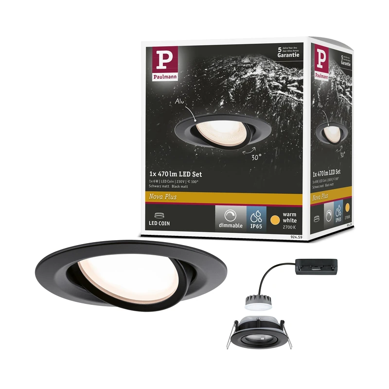 Paulmann 92459 LED recessed luminaire Nova Plus IP65 Single luminaire swivelling Round 6W 470lm dimmable 93 mm Black matt Aluminium zinc 2700K Coin