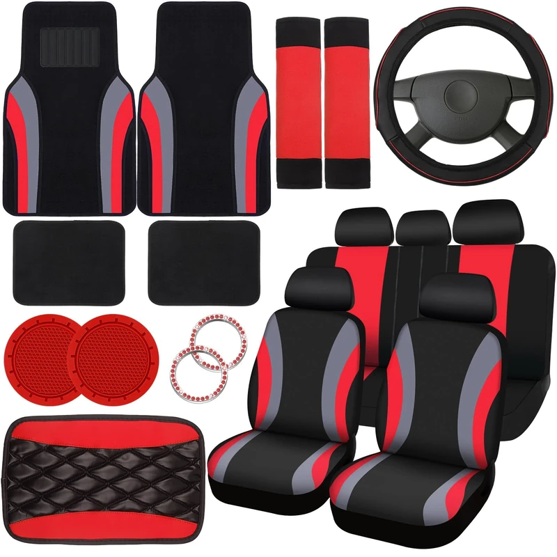 Fabbay 21 Pcs Car Seat Covers Full Set Car Floor Mats Steering Wheel Cover Armrest Seat Belt Pad Seatbelt Cup Mats Emblem Ring Sticker for Sedans Trucks SUV(Black, Red)