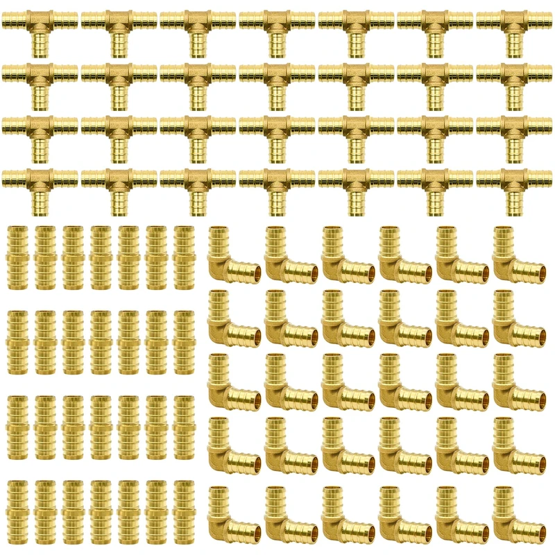 1/2in / 3/4in PEX Fittings, 15/30/45/90 PCS PEX Fittings, lbow TEE Straight Couplings Set, PEX Brass Crimp Fitting Combo with Tees T, Elbows, Straight (1/2", 90pcs)