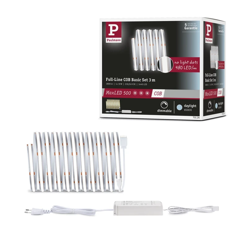 Paulmann 71124 MaxLED 500 LED Strip Full Line COB 19W 600lm/m 480LEDs/m dimmable 3m Silver Plastic 6500K LED Strip Expandable