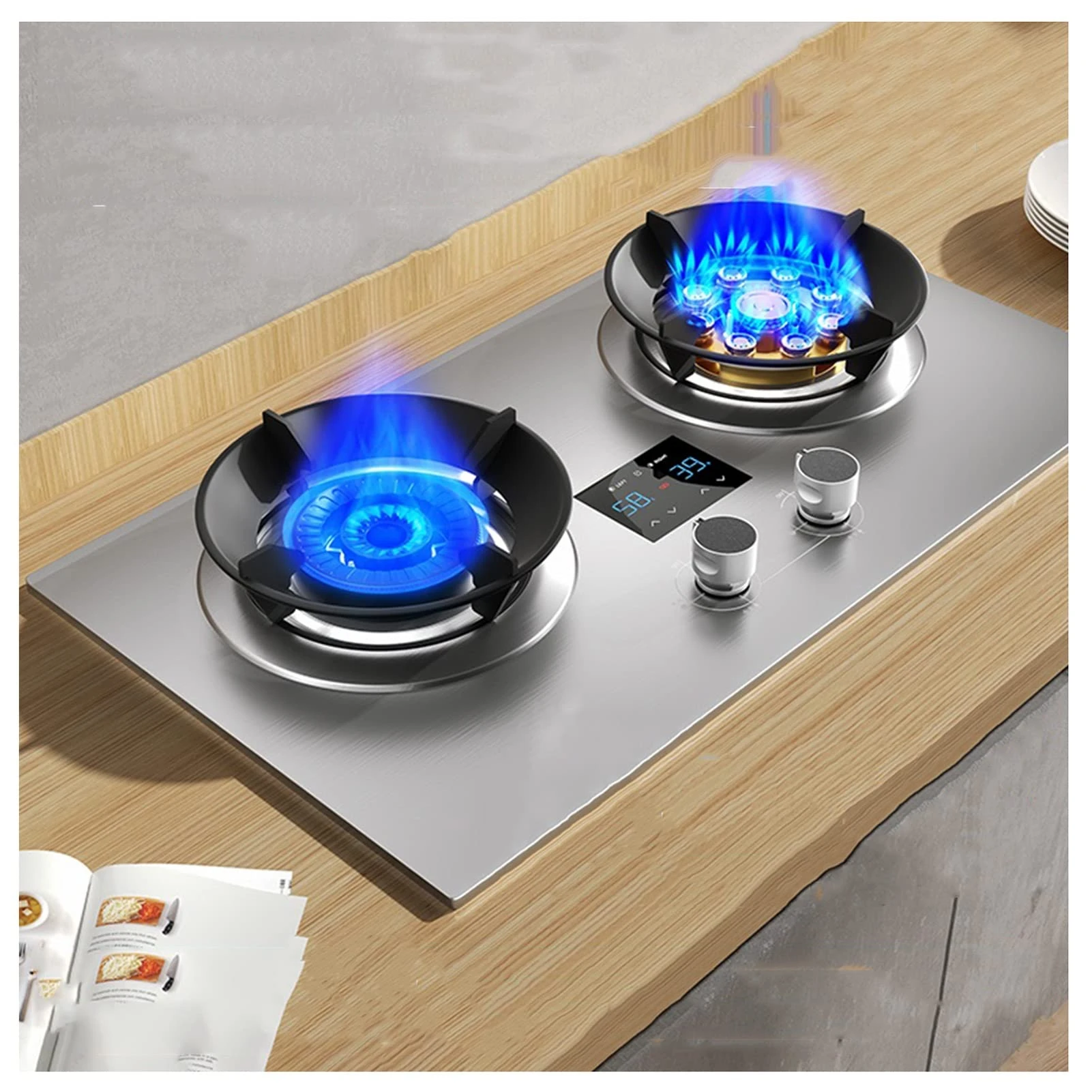 Gas Stove 2 Burners Gas Stove Portable Gas Stove Desktop or Embedded 2 Installation Methods Ignition Camping Double Burner LPG/NG (Color : Silver, Size : NG)