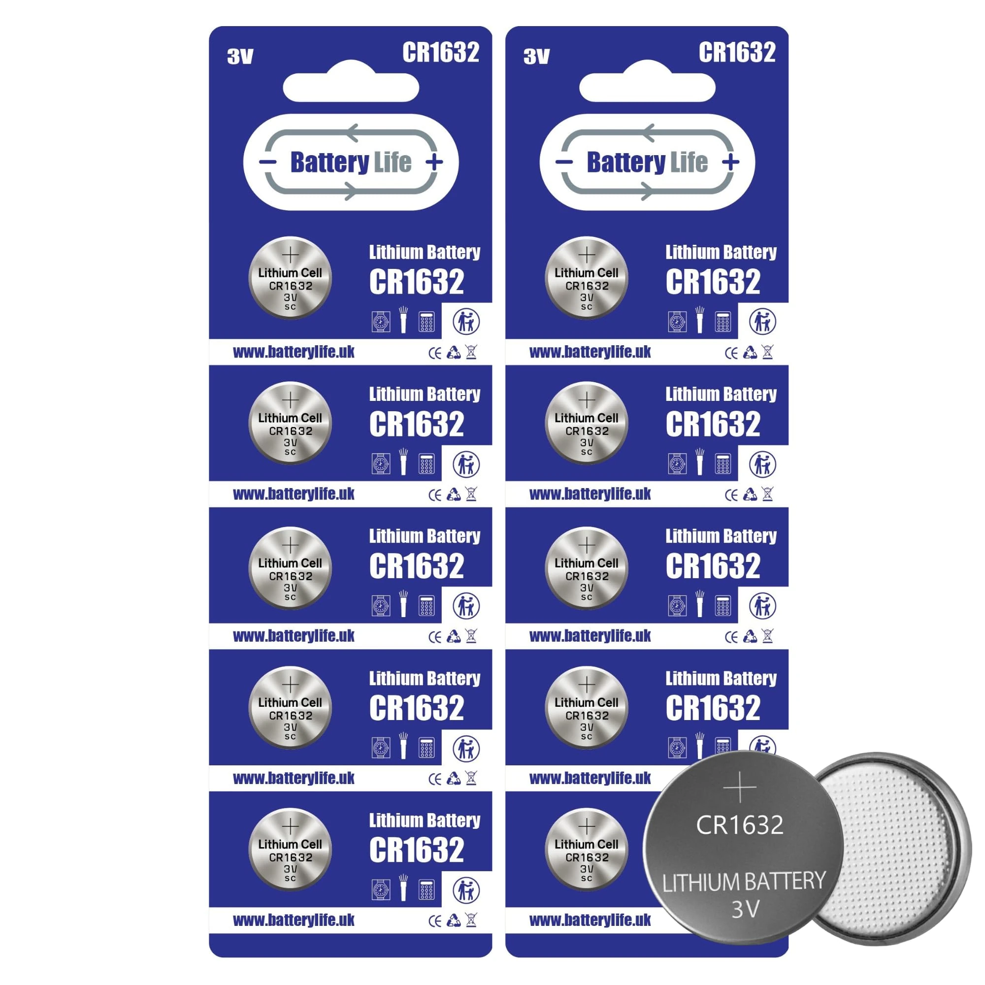 Battery Life CR1632 Batteries 3V Coin Button Cell CR 1632 Lithium Long Life For Car Key fob, Scales, Toys, Watch, LED Lights, Tile Mate & More UK Brand (10 pack)