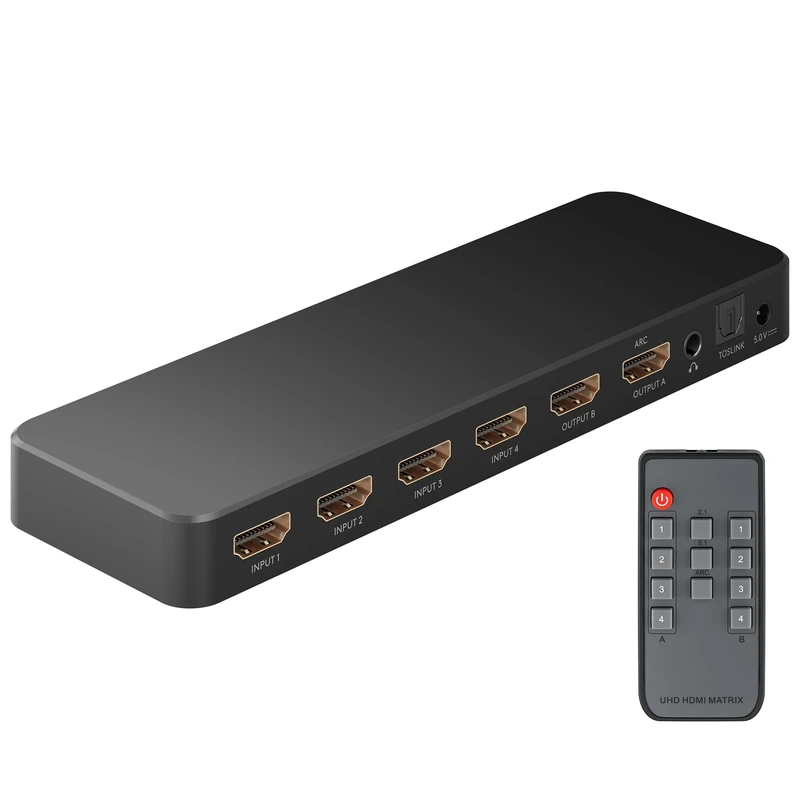 goobay 58479 HDMI Matrix Switch 4 to 2/Matrix Switch Splitter 4k @ 60Hz/With Remote Control for Blu Ray Player, Xbox, PS5 and TV/4 IN 2 Out Switch,Schwarz