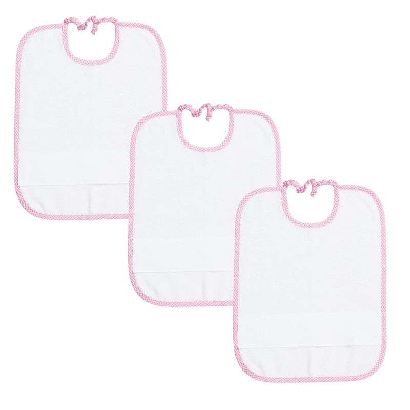 Filet - Set of 3 Baby Bibs with Elastic White Sponge with Aida Fabric to Embroider, Squared Border in Pink Yarn Dyed - Image 1