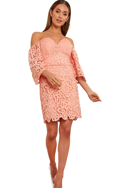 Chi Chi London Women's Bardot Premium Lace Mini Dress in Orange Special Occasion, 16