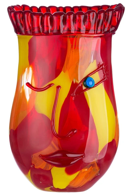 Glass Art Vase, Decorative Vase, Face Vase, Decorative Living Room, Gift for Women, Birthday, Colour: Red/Yellow, Height 29 cm
