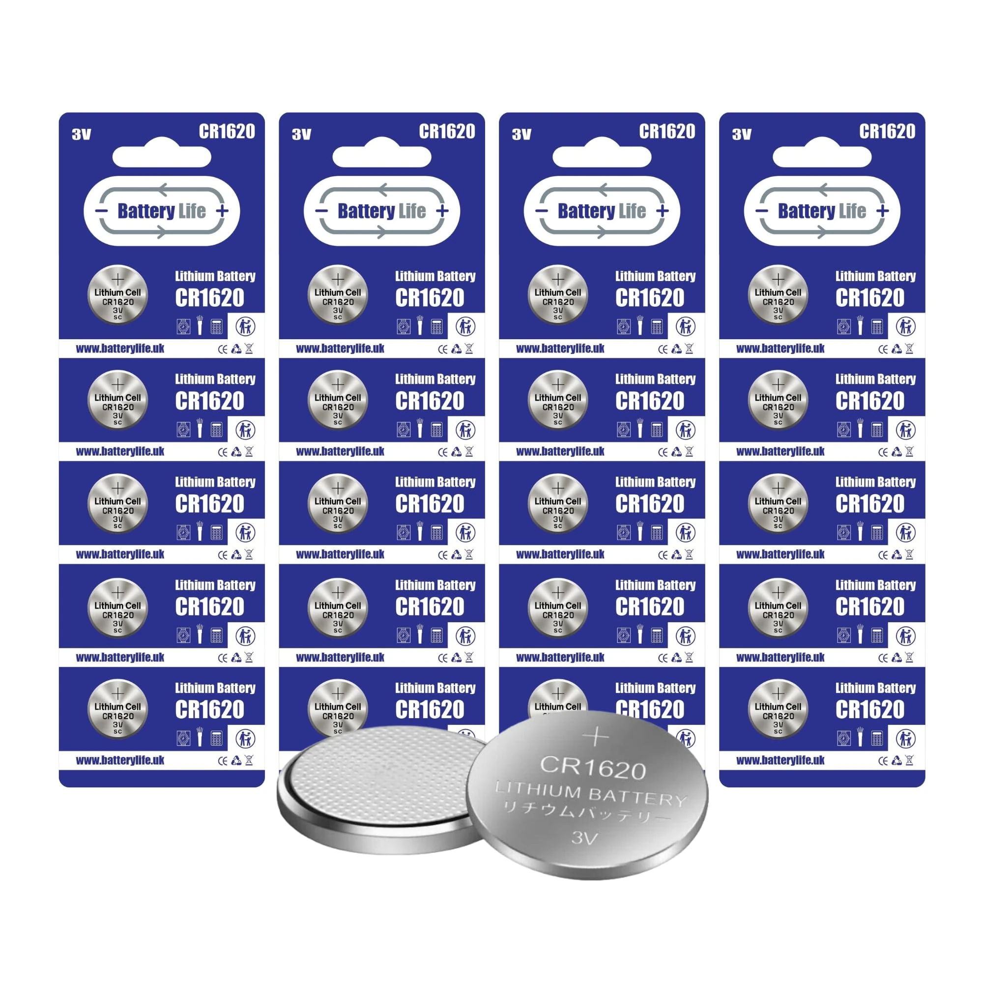 Battery Life CR1620 Batteries 3V Coin Button Cell CR 1620 Lithium Long Life For Car Key fob, Scales, Toys, Watch, LED Lights and More UK Brand (20 pack)