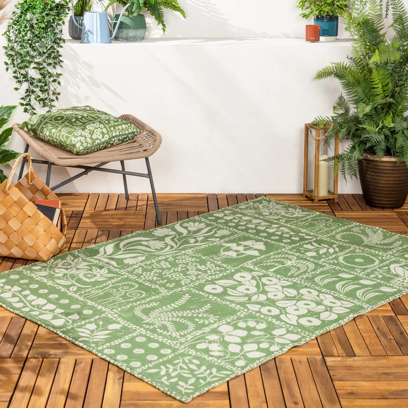 furn. Forage Garden Rug – Indoor/Outdoor Floral Mushroom Peacock Washable Weather Resistant Flatweave Rug (Sage - 120x170cm) - Image 1