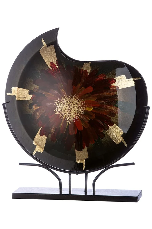 Glass Art Round Vase Decorative Vase on Metal Base – Decorative Living Room – Gift for Women Birthday – Hand-Painted Colour: Green Red Gold – Height 47.5 cm