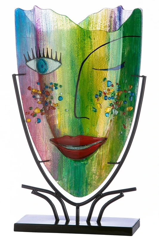 Glass Art Vase Decorative Vase Face Vase Metal Base – Decorative Living Room – Gift for Women Birthday – Hand-Painted Multicoloured – Height 49 cm - Image 1