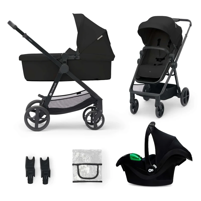 Kinderkraft Newly 3-in-1 Travel System, Lightweight Baby pram with carrycot and car seat, Compact fold, All-Terrain Wheels, UPF50+ Canopy, from Birth up to 22 kg, Black