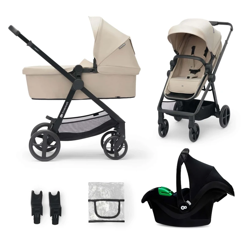 Kinderkraft Newly 3-in-1 Travel System, Lightweight Baby pram with carrycot and car seat, Compact fold, All-Terrain Wheels, UPF50+ Canopy, from Birth up to 22 kg, Beige