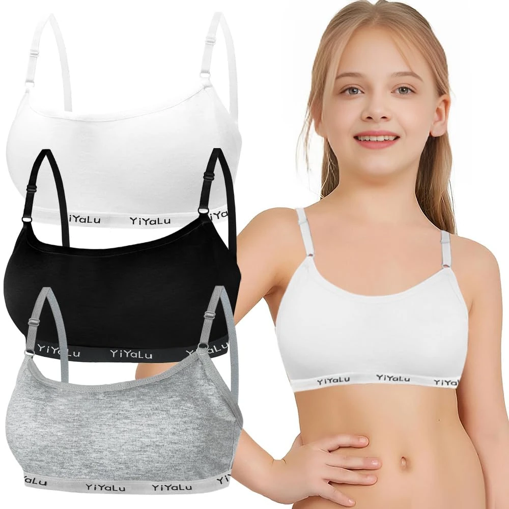 Sports Bra for Girls 3 Pieces Training Bras Sports Underwear with Removable Bust Pad and Adjustable Strap for Teenage Girls 10-14 Years