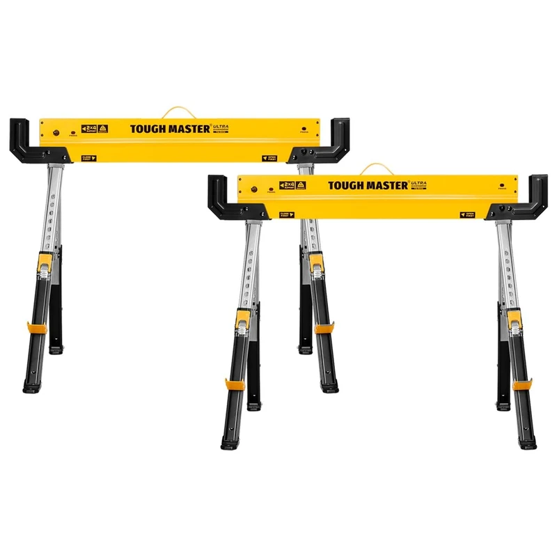 TOUGH MASTER Saw Horse 9-Position Height Adjustable Heavy Duty Steel Workbench 62-82cm Supports up to 590 kg Folding Saw Anti-Slip Top & Handle Sawhorse for Contractors, Carpenters, DIY (1)