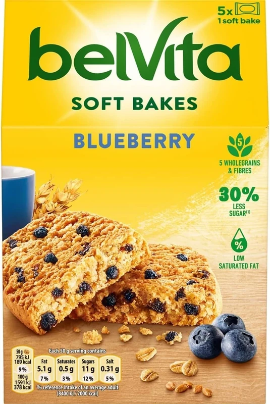 Belvita Breakfast Biscuits Soft Bakes Filled With Blueberry, Soft Biscuits With Blueberry Filling, Multipack of 5 x 50 g (Pack of 1)