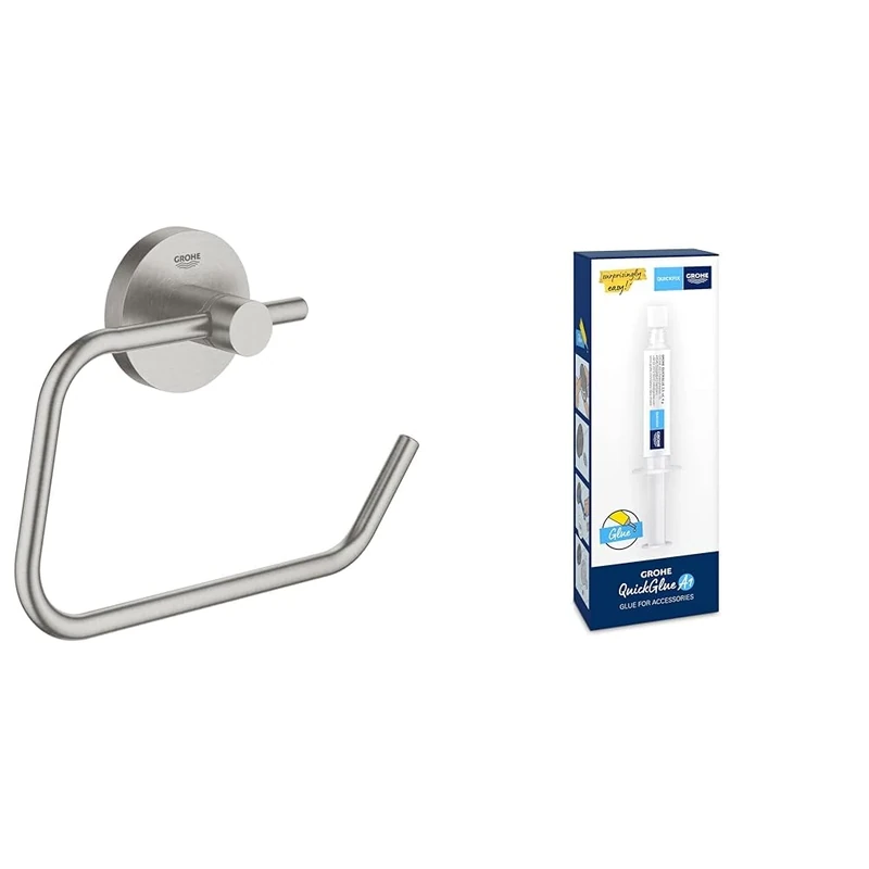 GROHE Start QuickFix Toilet Roll Holder without Cover & QuickGlue A1 (Metal, Concealed Fastening, Including Screws and Dowels, Easy to Fit), Size 44 x 119mm, Stainless Steel Look, 41200DC0