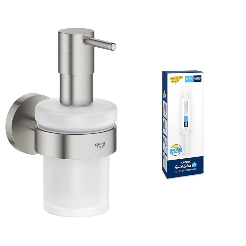 GROHE Start QuickFix Soap Dispenser with Holder & QuickGlue A1 (Metal & Glass, Filling Quantity 160 ml, Concealed Fastening, Including Screws and Dowels, Easy to Fit), Stainless Steel, 41195DC0