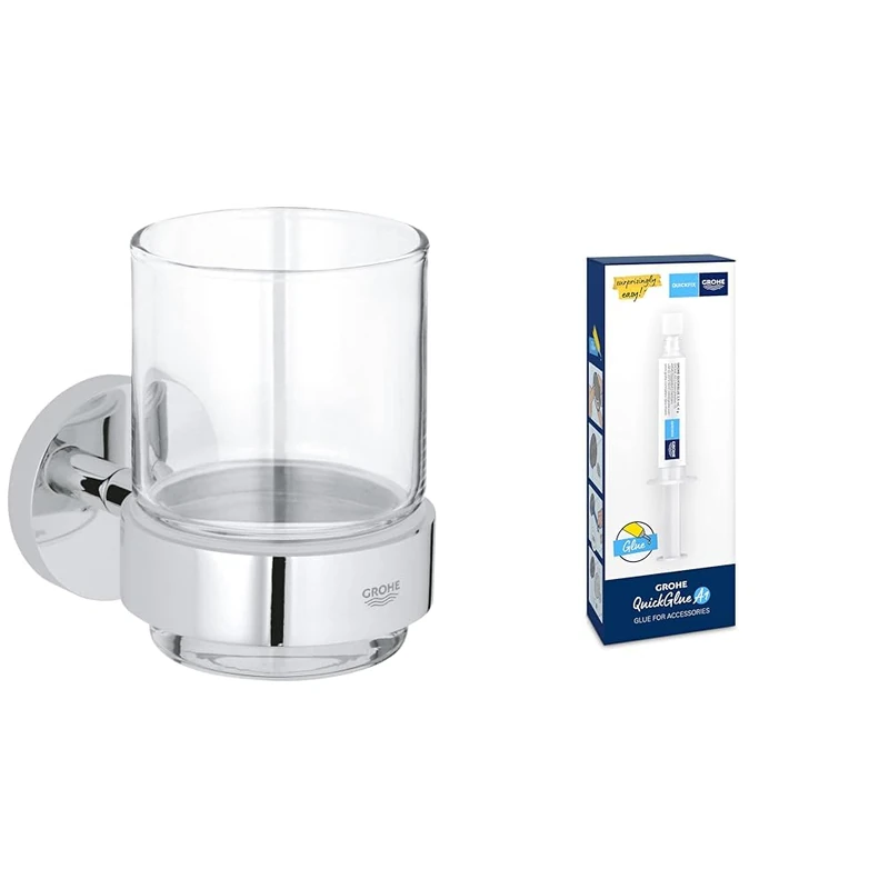 GROHE Start QuickFix Crystal Glass with Holder & QuickGlue A1 (Metal and Glass, Concealed Fastening, Including Screws and Dowels, Easy to Fit), Size 106 x 99 mm, Chrome, 41194000