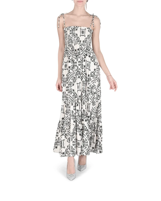 19V69 ITALIA Women's Minnie Dress Tess. Viscose Fant. Casual, Cream/Black, XS