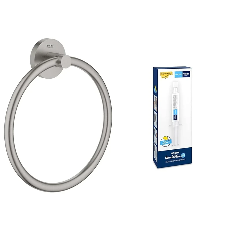GROHE Start QuickFix Towel Ring & QuickGlue A1 (Metal, Concealed Fastening, Including Screws and Dowels, Easy to Fit), Size 200 mm, Stainless Steel Look, 41174DC0