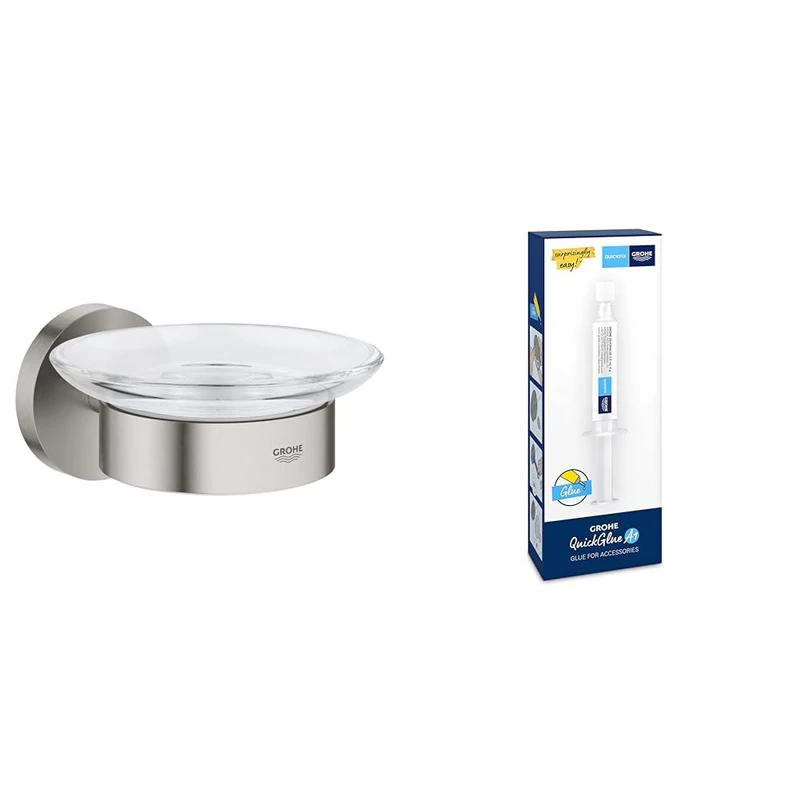 GROHE Start QuickFix Soap Dish with Holder & QuickGlue A1 (Metal and Glass, Concealed Fastening, Including Screws and Dowels, Easy to Fit), Size 125 x 58, Stainless Steel Look, 41193DC0