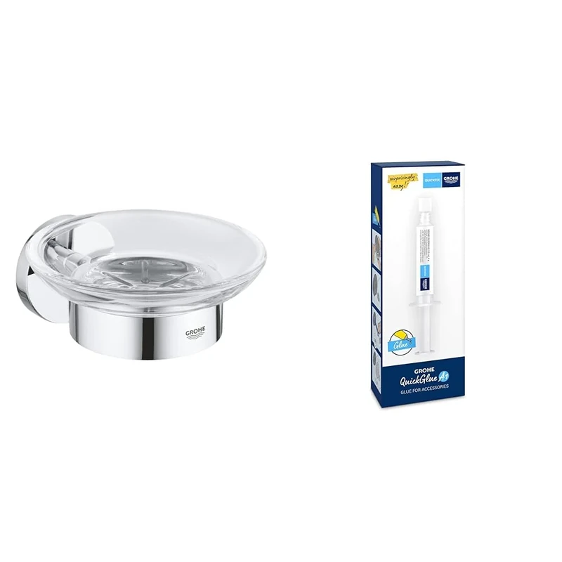 GROHE Start QuickFix Soap Dish with Holder & QuickGlue A1 (Metal and Glass, Concealed Fastening, Including Screws and Dowels, Easy to Fit), Size 125 x 58, Chrome, 41193000