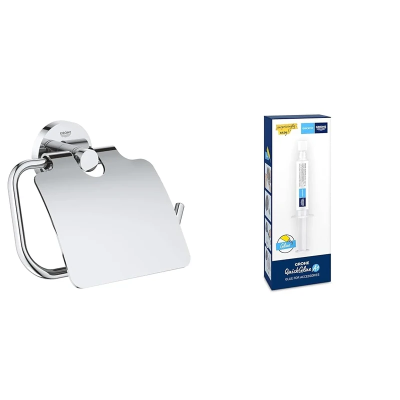 GROHE Start QuickFix Toilet Roll Holder with Cover & QuickGlue A1 (Metal, Concealed Fastening, Including Screws and Dowels, Easy to Fit), Size 167 x 119 mm, Chrome, 41179000