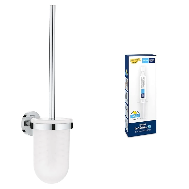 GROHE Start QuickFix Toilet Brush Set & QuickGlue A1 (Metal and Glass, Wall Mounted Concealed Fastening, Including Screws and Dowels, Easy to Fit), Size 398 mm, Chrome, 41185000