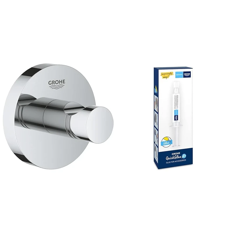 GROHE Start QuickFix Robe Hook & QuickGlue A1 (Metal, Concealed Fastening, Including Screws and Dowels, Extra Easy to Fit QuickGlue), Size 45 mm, Chrome, 41173000