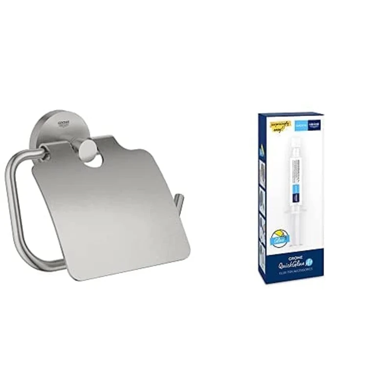 GROHE Start QuickFix Toilet Roll Holder with Cover & QuickGlue A1 (Metal, Concealed Fastening, Including Screws and Dowels, Easy to Fit), Size 167 x 119 mm, Stainless Steel Look, 41179DC0