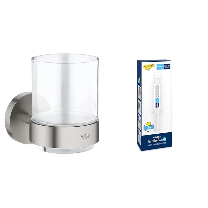 GROHE Start QuickFix Crystal Glass with Holder & QuickGlue A1 (Metal and Glass, Concealed Fastening, Including Screws and Dowels, Easy to Fit), Size 106 x 99 mm, Stainless Steel Look, 41194DC0