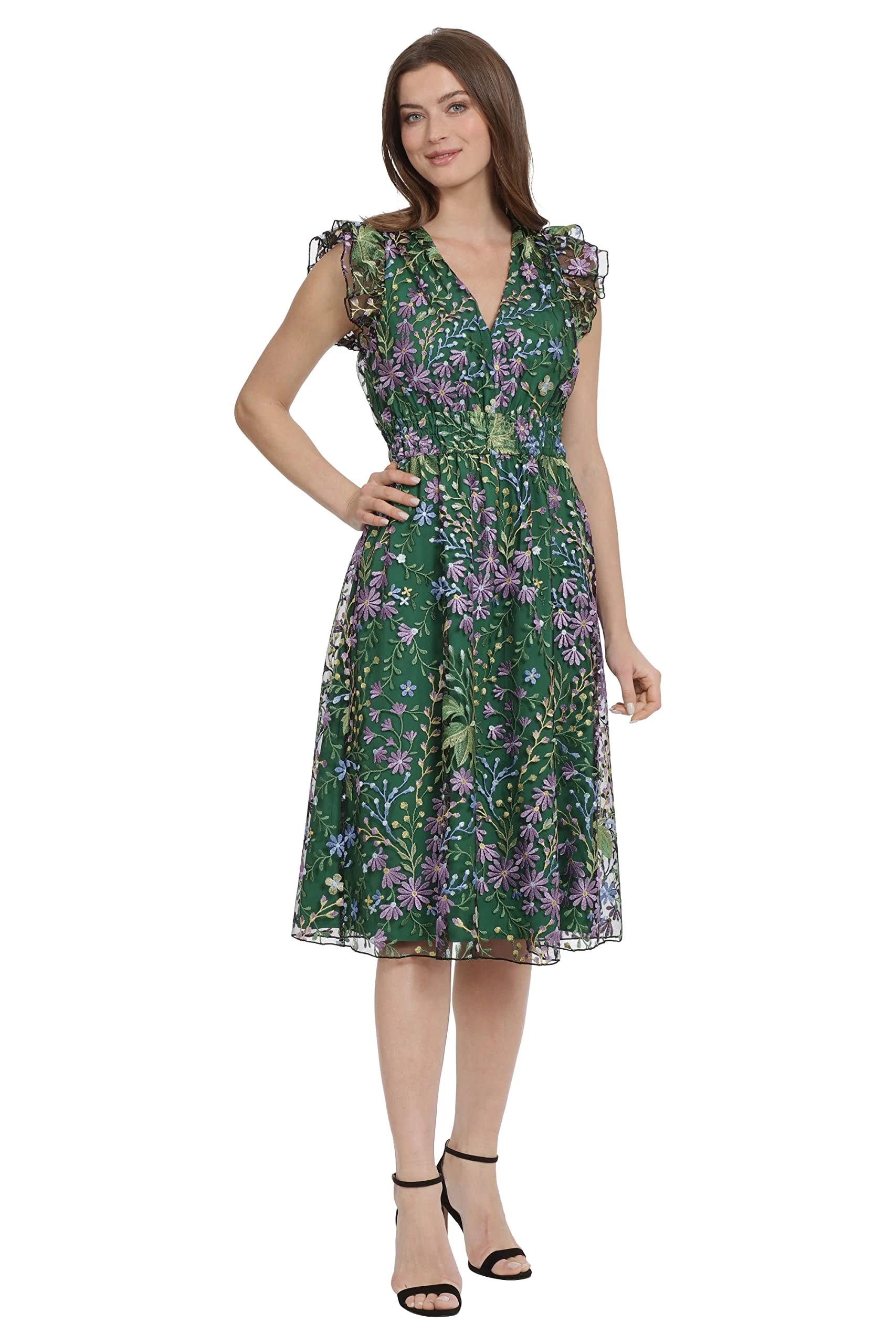 Maggy London Women's V-Neck Garden Floral Embroidered Dress Colorful Feminine Party Event Occasion Guest of, Lavender/Green Multi, 10